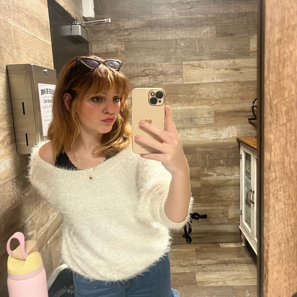 Cozy White Off-the-Shoulder Sweater with Plush Texture
